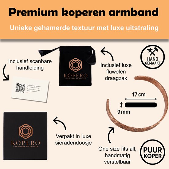 Premium koperen armband, gehamerd, met luxe uitstraling. Inclusief handgemaakte fluwelen draagzak, luxe sieradendoosje, scanbare handleiding. One size fits all, handmatig verstelbaar.