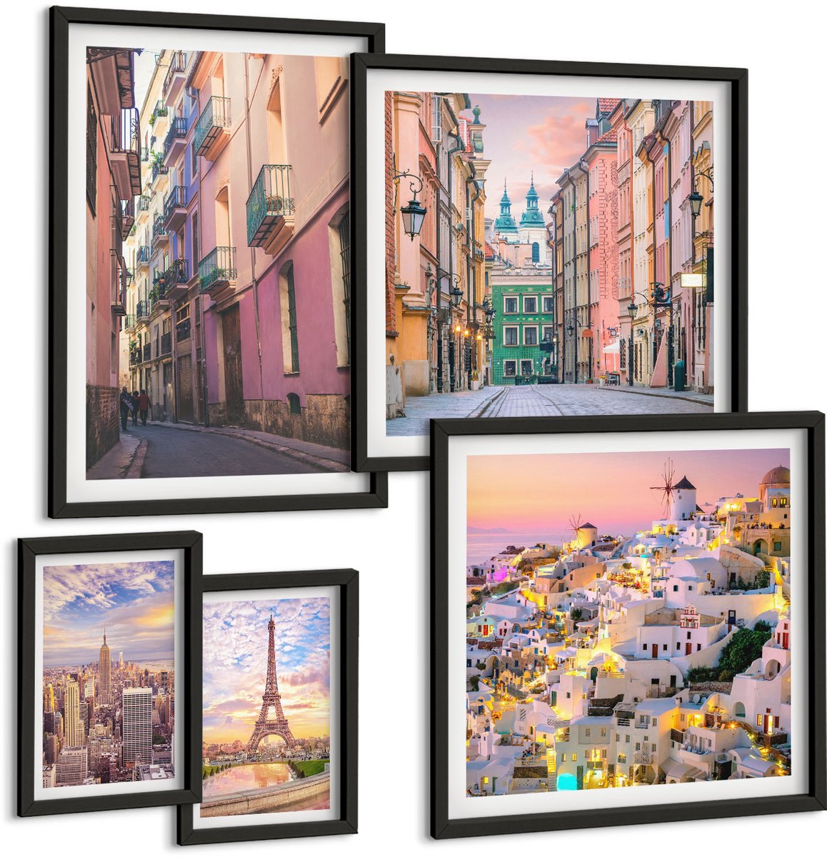 Coloray 5-Delige Schilderij Set - Charmante Steden En Pittoreske Europese Landschappen - 50 x 50 cm, 20 x 30 cm En 40 x 60 cm - Muurdecoratie - Wanddecoratie - Hal - Stijlvolle Muurdecoratie Zwarte lijst