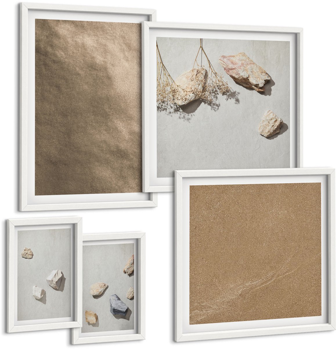 Coloray 5-Delige Schilderij Set - Strandstenen, Natuurlijke Structuren - 50 x 50 cm, 20 x 30 cm En 40 x 60 cm - Stijlvolle Muurdecoratie - Kantoor - Interieur Decoratie