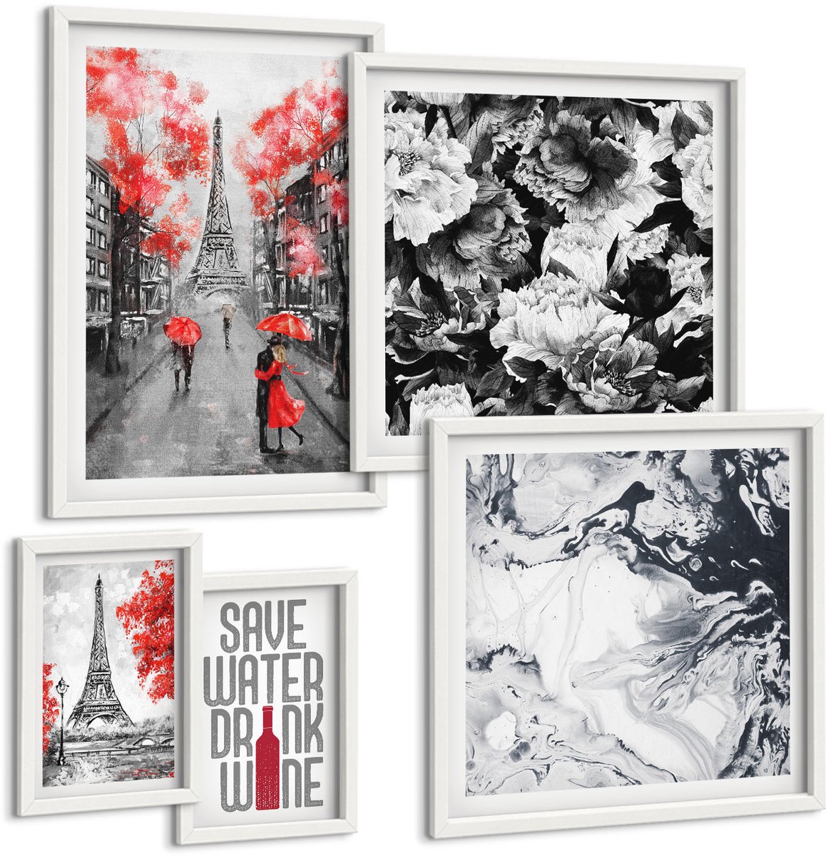 Coloray 5-Delige Schilderij Set - Parijse Uitzichten Met Bloemen En Abstracte Patronen - 50 x 50 cm, 20 x 30 cm En 40 x 60 cm - Wanddecoratie - Muurdecoratie - Moderne Interieurdecoratie - Stijlvolle Muurdecoratie