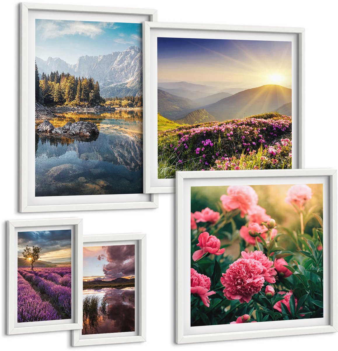 Coloray 5-Delige Schilderij Set - Natuurlandschappen Met Bloemen En Uitzicht Op De Bergen - 50 x 50 cm, 20 x 30 cm En 40 x 60 cm - Moderne Wanddecoratie - Woonkamer - Muurdecoratie