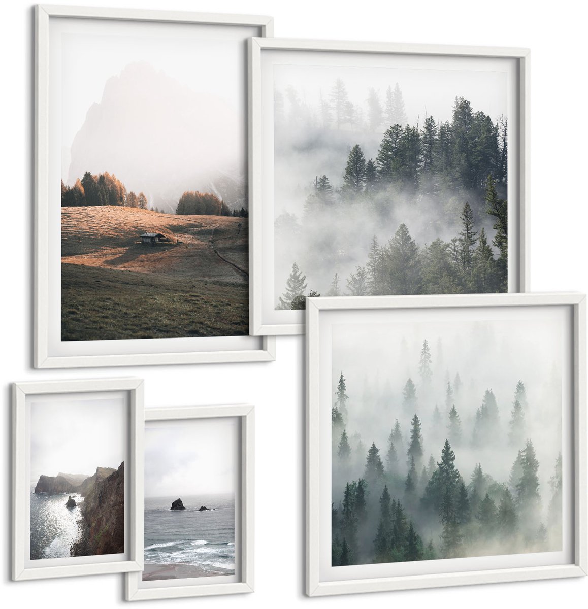 Coloray 5-Delige Schilderij Set - Natuurlijke Berglandschappen En Uitzichten Op Zee - 50 x 50 cm, 20 x 30 cm En 40 x 60 cm - Wanddecoratie - Schilderijen Set - Interieur - Interieur Decoratie