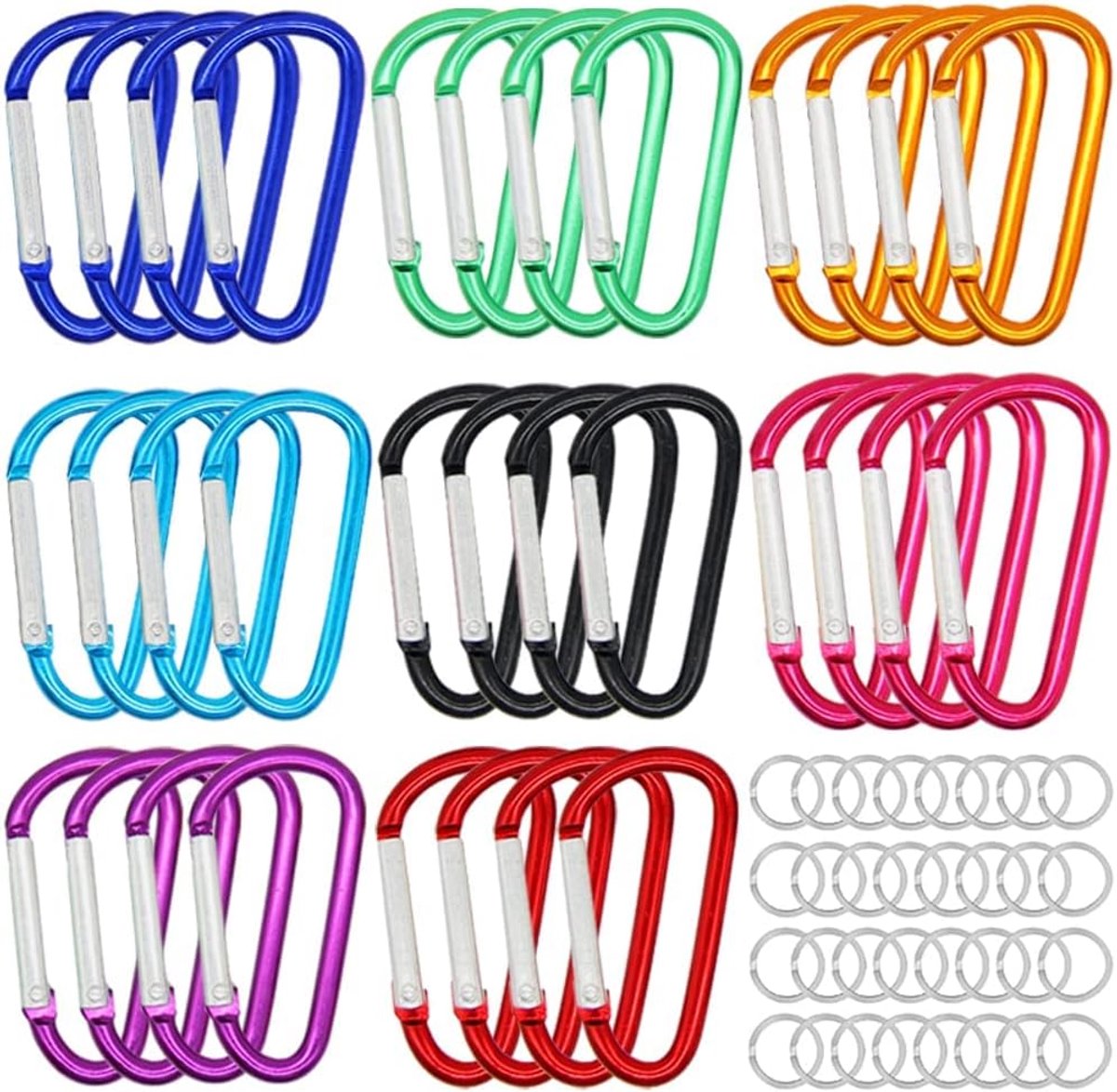 1.8 '' 32 stks kleine aluminium karabijnhaak D ring 8 kleuren, duurzame veerbelaste poort karabijnhaken clips haak, sport accessoires, met cadeau stalen ringen 32 stuks