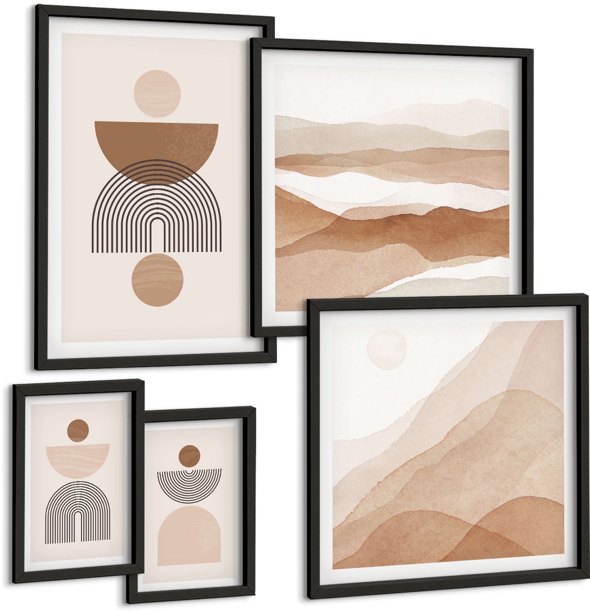 Coloray 5-Delige Schilderij Set - Abstracte Composities In Aardetinten En Geometrische Vormen - 50 x 50 cm, 20 x 30 cm En 40 x 60 cm - Decoratieve Schilderijen - Woonkamer - Interieur - Interieur Decoratie