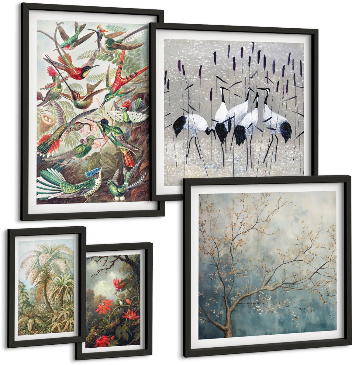 Coloray 5-Delige Schilderij Set - Tropische Vogels En Planten In Vintage Stijl - 50 x 50 cm, 20 x 30 cm En 40 x 60 cm - Wanddecoratie - Moderne Interieurdecoratie - Stijlvolle Muurdecoratie