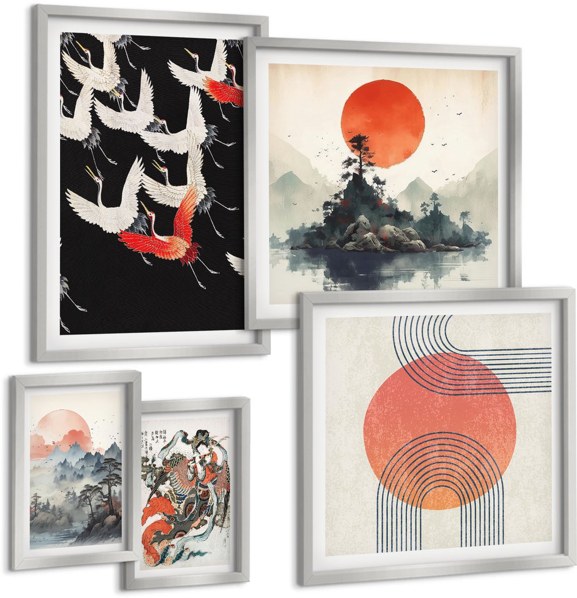 Coloray 5-Delige Schilderij Set - Aziatische Schilderijen: Landschappen En Portretten In De Japandi-Stijl. - 20 x 30 cm - Muurdecoratie - Wanddecoratie - Slaapkamer - Decoratieve Schilderijen