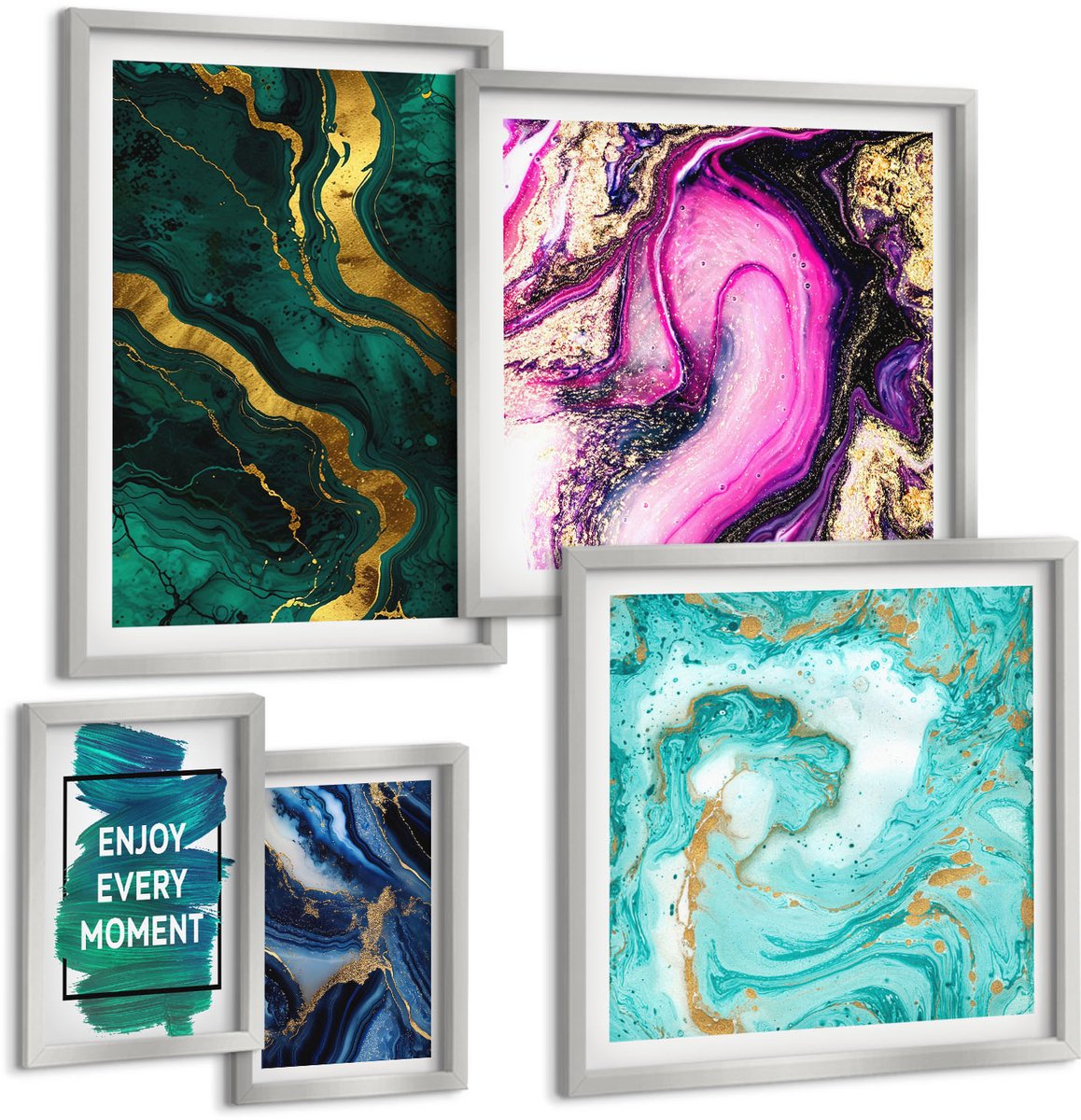 Coloray 5-Delige Schilderij Set - Abstracte Patronen In Tinten Roze, Groen En Blauw. - 20 x 30 cm - Muurdecoratie - Interieur Decoratie