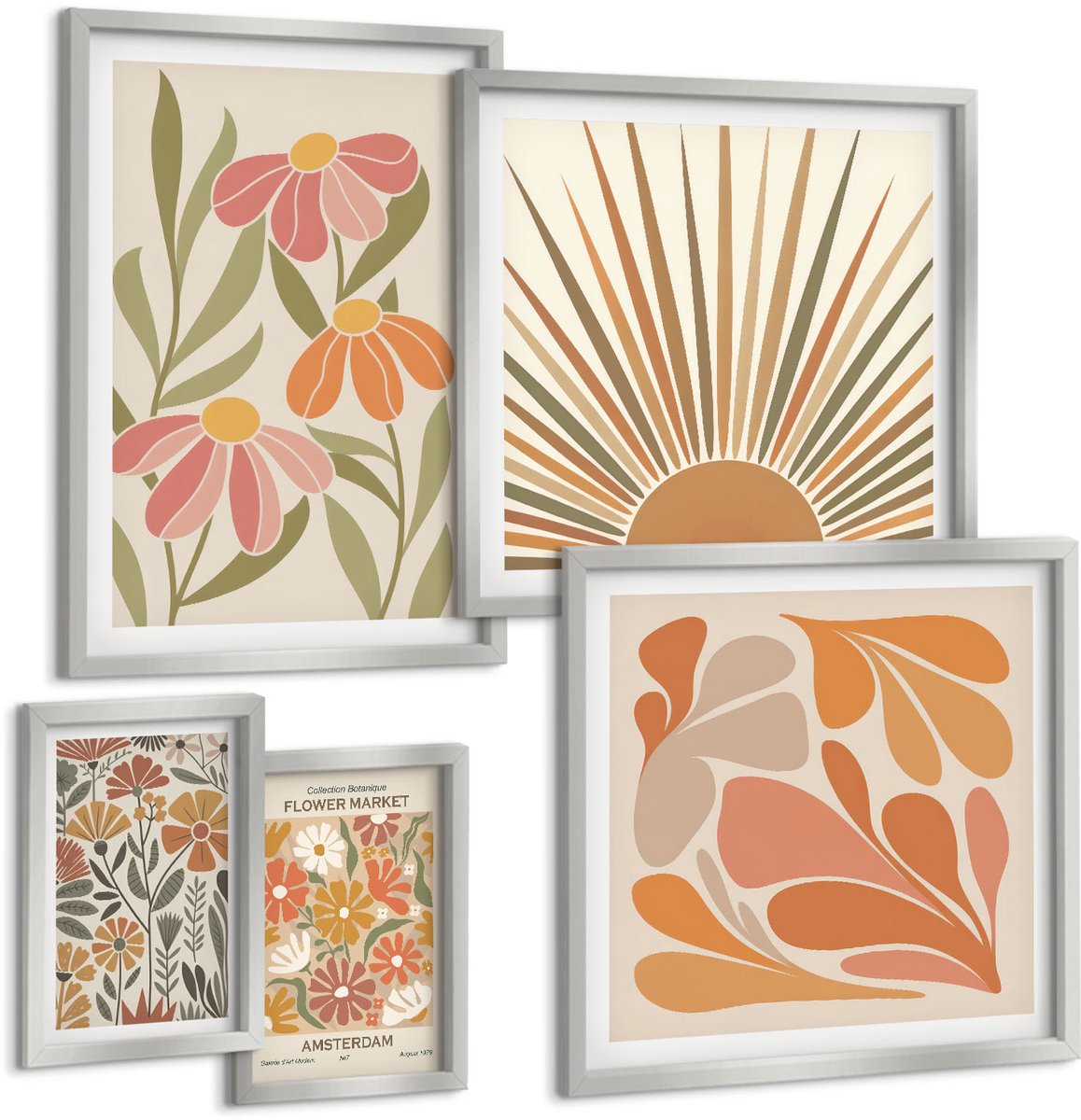 Coloray 5-Delige Schilderij Set - Groene Planten In Een Minimalistische Stijl - 20 x 30 cm - Decoratieve Schilderijen - Woonkamer - Interieur - Wanddecoratie