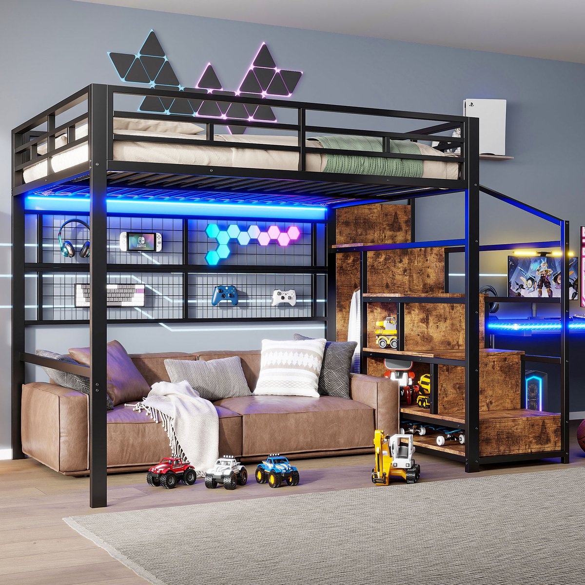 Sweiko Hoogslaper - 140 x 200 cm - Metalen frame - Met kledingkast - LED-verlichting - Zwart (Zonder bank)