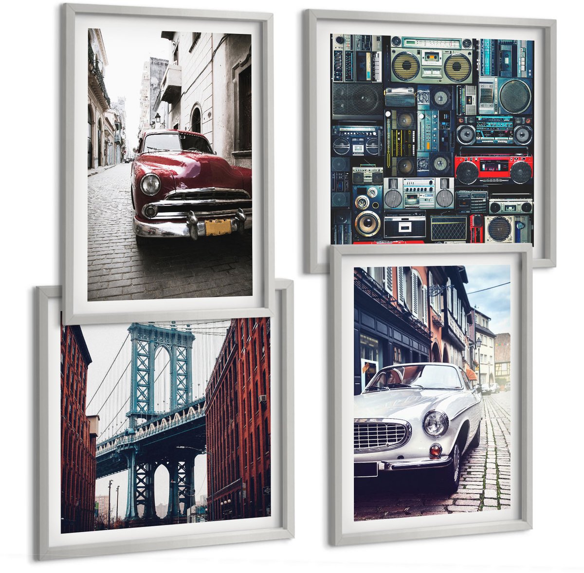Coloray 4-Delige Schilderij Set - Oude Auto'S Op Straat Bij De Brooklyn Bridge En Retro Audioapparatuur - 40 x 40 cm En 40 x 60 cm - Moderne Wanddecoratie - Woonkamer - Muurdecoratie