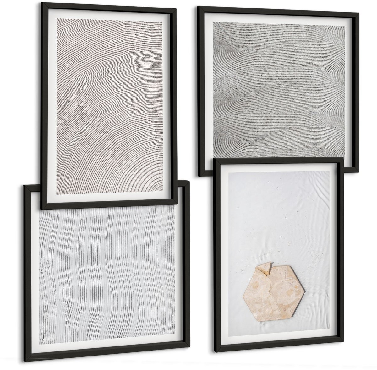 Coloray 4-Delige Schilderij Set - Lichte Texturen Op Zand In Boho-Stijl, Subtiel - 40 x 40 cm En 40 x 60 cm - Wanddecoratie - Moderne Interieurdecoratie - Interieur Decoratie Zwarte lijst