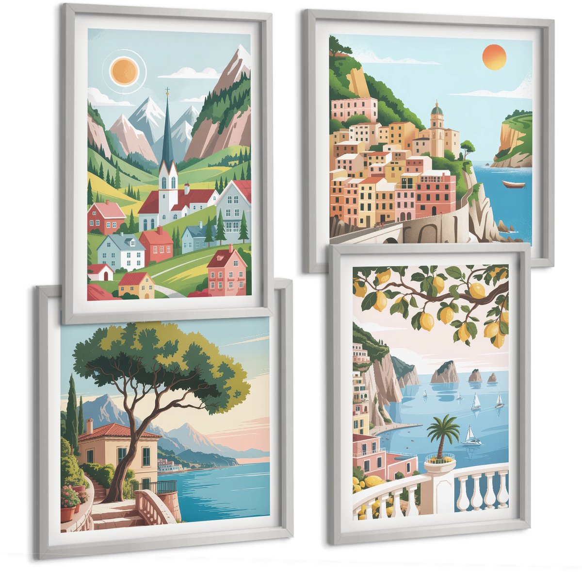 Coloray 4-Delige Schilderij Set - Schilderachtige Landschappen Met Zee En Citrusvruchten - 40 x 40 cm En 40 x 60 cm - Stijlvolle Muurdecoratie - Kantoor - Woonkamer Decoratie