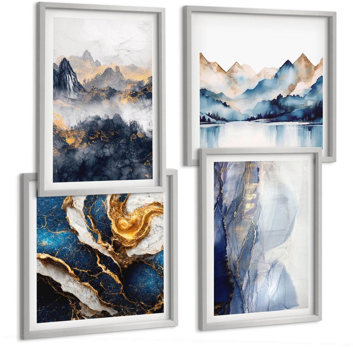Coloray 4-Delige Schilderij Set - Berglandschappen Met Blauwe En Grijze Tinten - 40 x 40 cm En 40 x 60 cm - Wanddecoratie - Muurdecoratie - Moderne Interieurdecoratie - Moderne Wanddecoratie