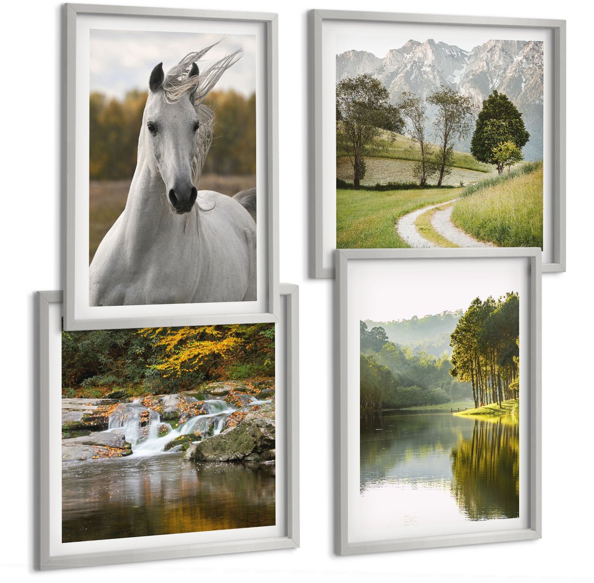 Coloray 4-Delige Schilderij Set - Witte Paarden Aan De Rivier - Natuurlandschap - 40 x 40 cm En 40 x 60 cm - Schilderijen Set - Wanddecoratie - Woonkamer