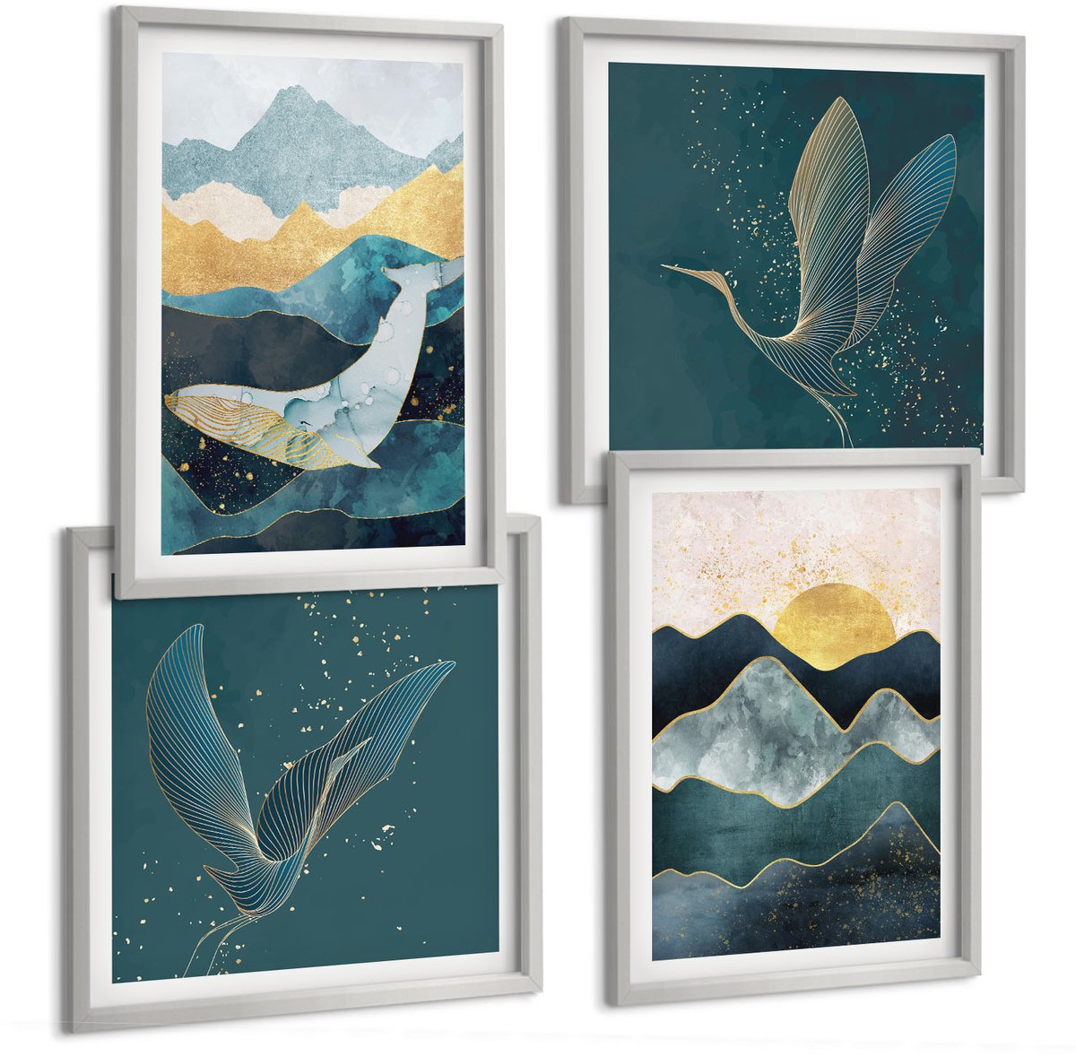 Coloray 4-Delige Schilderij Set - Abstracte Berglandschappen, Vliegende Kraanvogels - 40 x 40 cm En 40 x 60 cm - Muurdecoratie - Schilderijen Set - Woonkamer - Woonkamer Decoratie