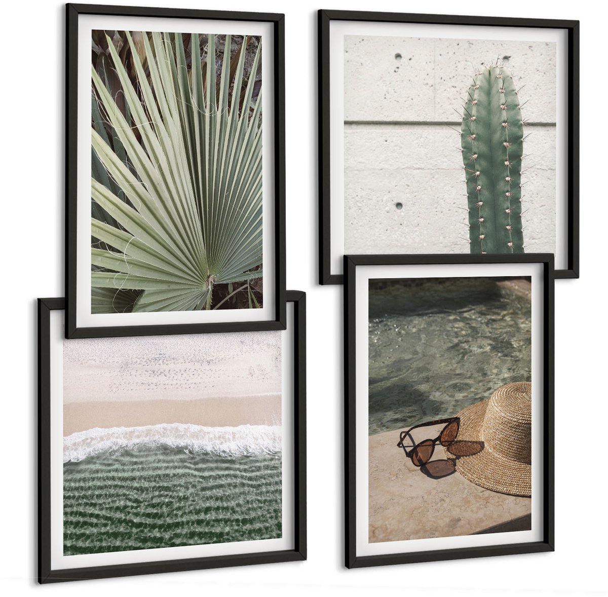 Coloray 4-Delige Schilderij Set - Tropische Planten En Vakantieaccessoires Aan Het Water - 40 x 40 cm En 40 x 60 cm - Muurdecoratie - Interieur Decoratie Zwarte lijst