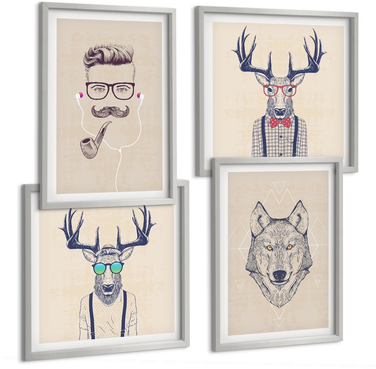 Coloray 4-Delige Schilderij Set - Stijlvolle Portretten Van Dieren En Mannen - 40 x 40 cm En 40 x 60 cm - Decoratieve Muurdecoratie - Slaapkamer - Woonkamer Decoratie
