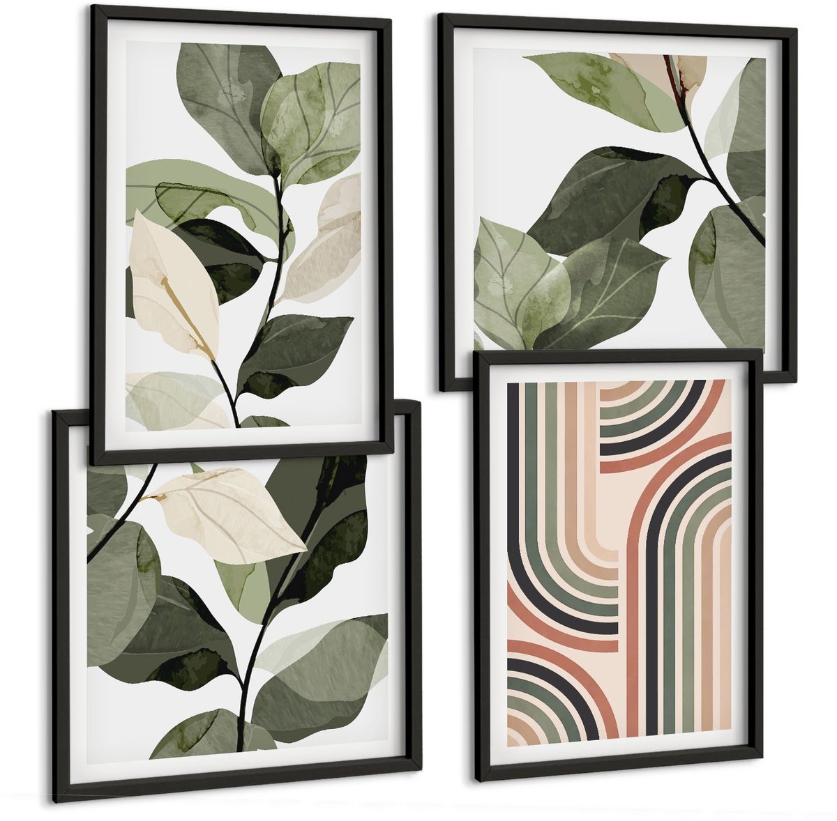 Coloray 4-Delige Schilderij Set - Plantmotieven Met Geometrische Patronen In Groene Tinten - 40 x 40 cm En 40 x 60 cm - Wanddecoratie - Moderne Interieurdecoratie - Moderne Wanddecoratie Zwarte lijst