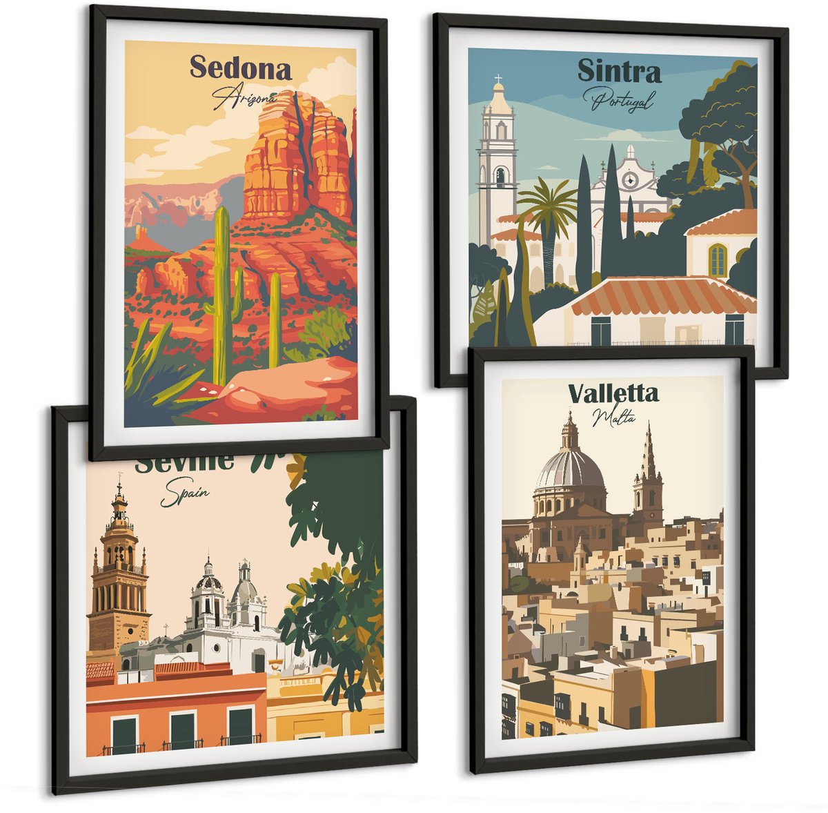 Coloray 4-Delige Schilderij Set - Retro-Stijl Stadsgezichten Sedona Sintra Sevilla Valletta - 40 x 40 cm En 40 x 60 cm - Decoratieve Schilderijen - Wanddecoratie - Hal - Stijlvolle Muurdecoratie Zwarte lijst