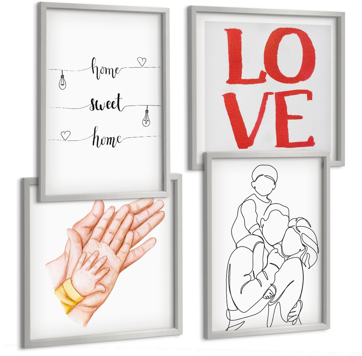 Coloray 4-Delige Schilderij Set - Familie-Illustraties, Huisinscripties, Over Leven En Liefde. - 40 x 40 cm En 40 x 60 cm - Wanddecoratie - Muurdecoratie - Woonkamer
