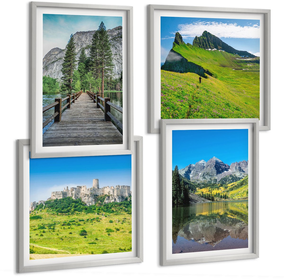 Coloray 4-Delige Schilderij Set - Groene Heuvels Met Een Kasteel En Berglandschappen - 40 x 40 cm En 40 x 60 cm - Wanddecoratie - Muurdecoratie - Woonkamer - Interieur Decoratie