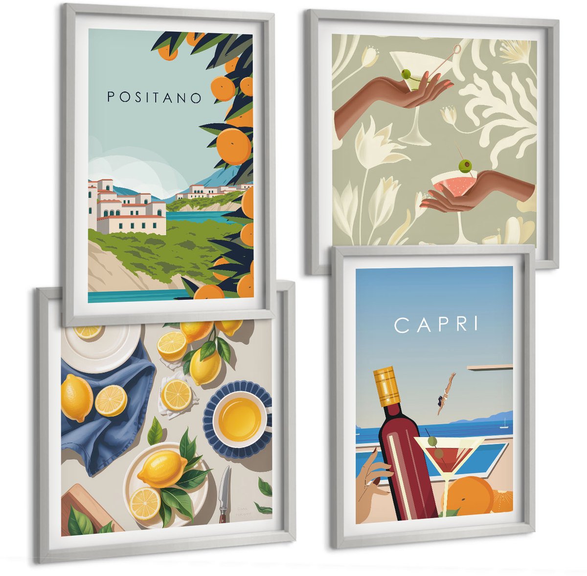 Coloray 4-Delige Schilderij Set - Vakantiegezichten Italiaanse Citroenen Positano En Capri - 40 x 40 cm En 40 x 60 cm - Stijlvolle Muurdecoratie - Slaapkamer - Decoratieve Schilderijen