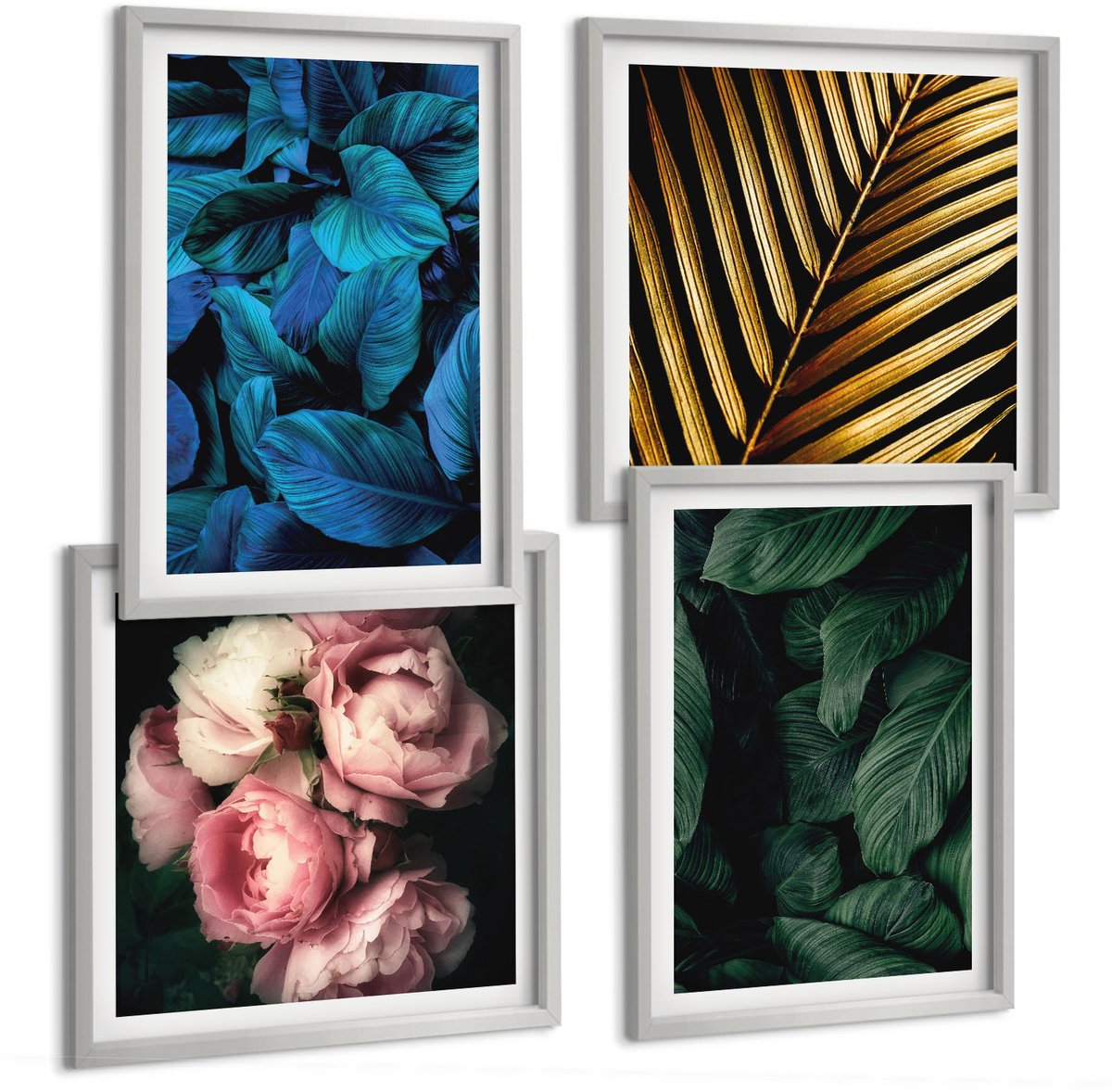 Coloray 4-Delige Schilderij Set - Bladeren En Bloemen In Verschillende Kleuren - 40 x 40 cm En 40 x 60 cm - Decoratieve Schilderijen - Wanddecoratie - Hal