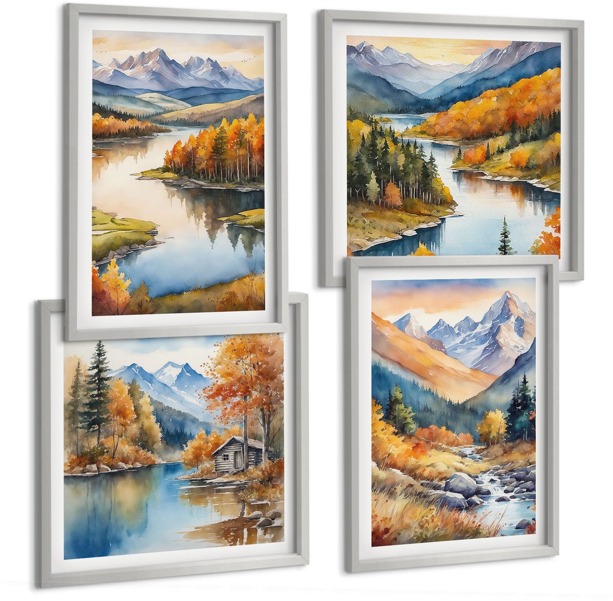 Coloray 4-Delige Schilderij Set - Uitzicht Op De Bergen Met Een Rivier En Herfstbomen. - 40 x 40 cm En 40 x 60 cm - Muurdecoratie - Wanddecoratie - Slaapkamer