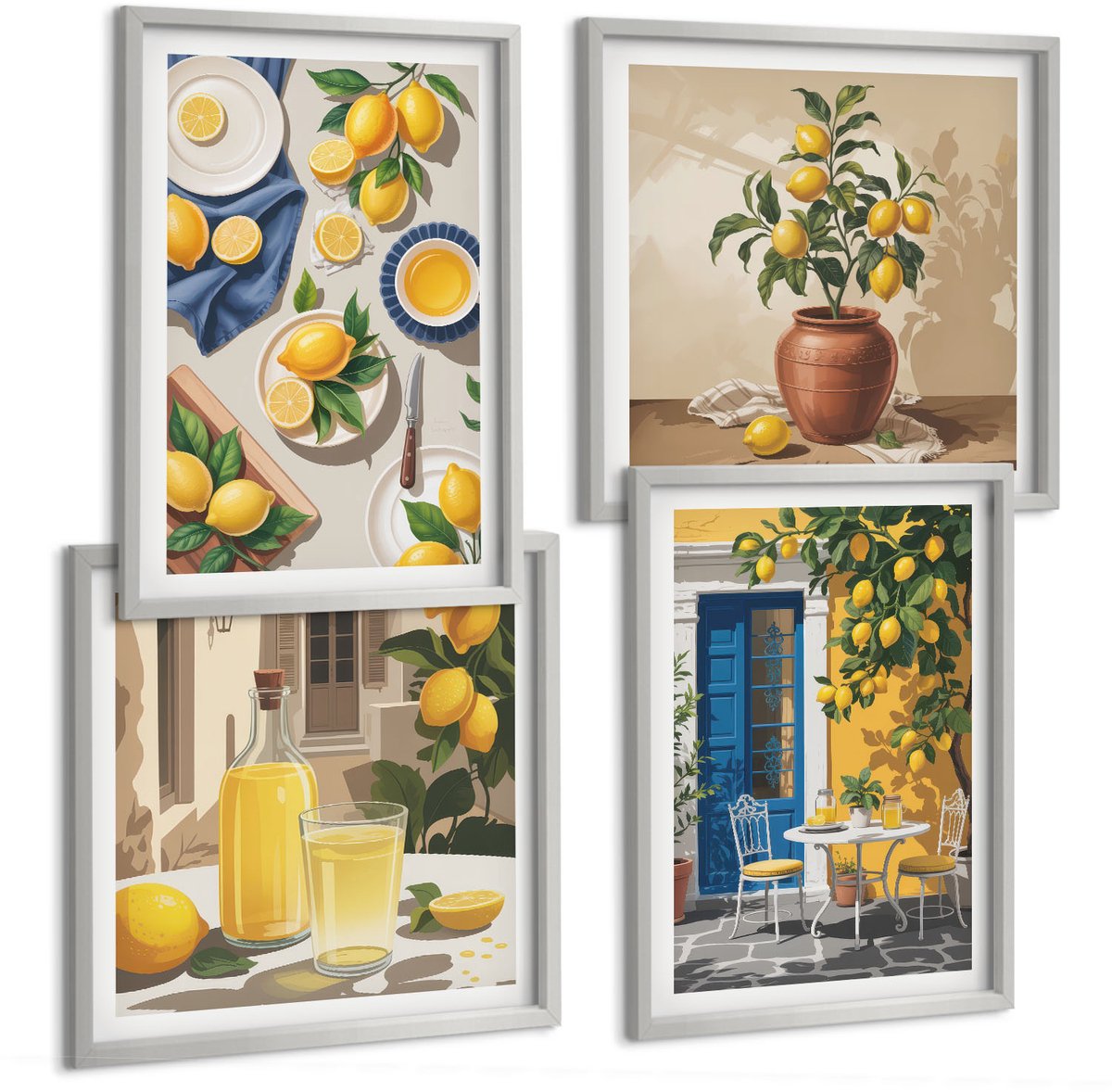 Coloray 4-Delige Schilderij Set - Citroentuin Met Citroenen En Drankjes Op Tafel. - 40 x 40 cm En 40 x 60 cm - Muurdecoratie - Decoratieve Schilderijen - Wohnzimmer - Wanddecoratie