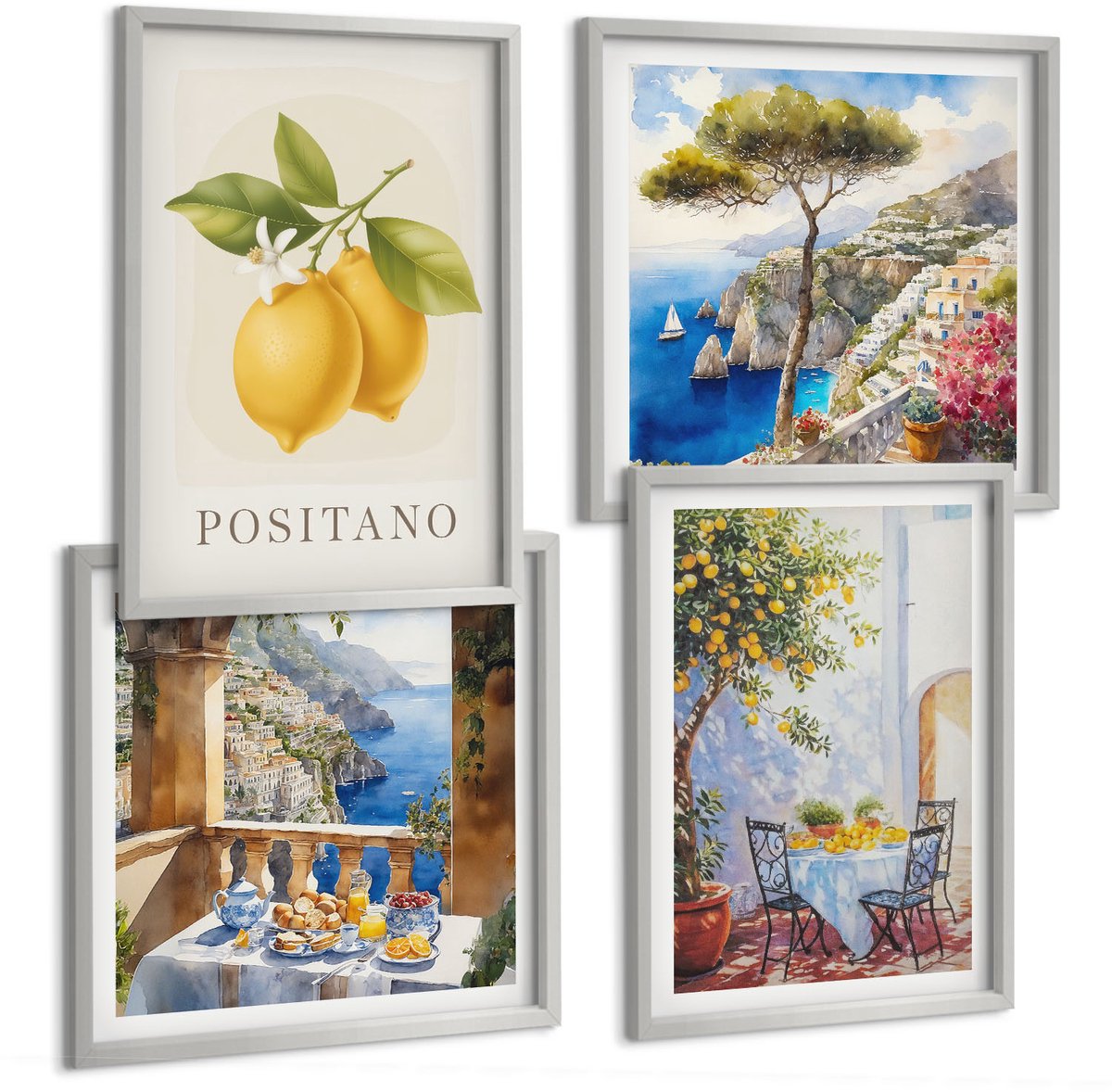 Coloray 4-Delige Schilderij Set - Uitzichten Op Positano Met Citroenen - Italiaanse Architectuur - 40 x 40 cm En 40 x 60 cm - Muurdecoratie - Wanddecoratie - Hal - Decoratieve Schilderijen