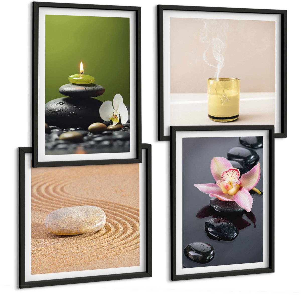 Coloray 4-Delige Schilderij Set - Rustgevende Steenthema'S: Vrede En Zen - 40 x 40 cm En 40 x 60 cm - Schilderijen Set - Wanddecoratie - Woonkamer - Woonkamer Decoratie Zwarte lijst