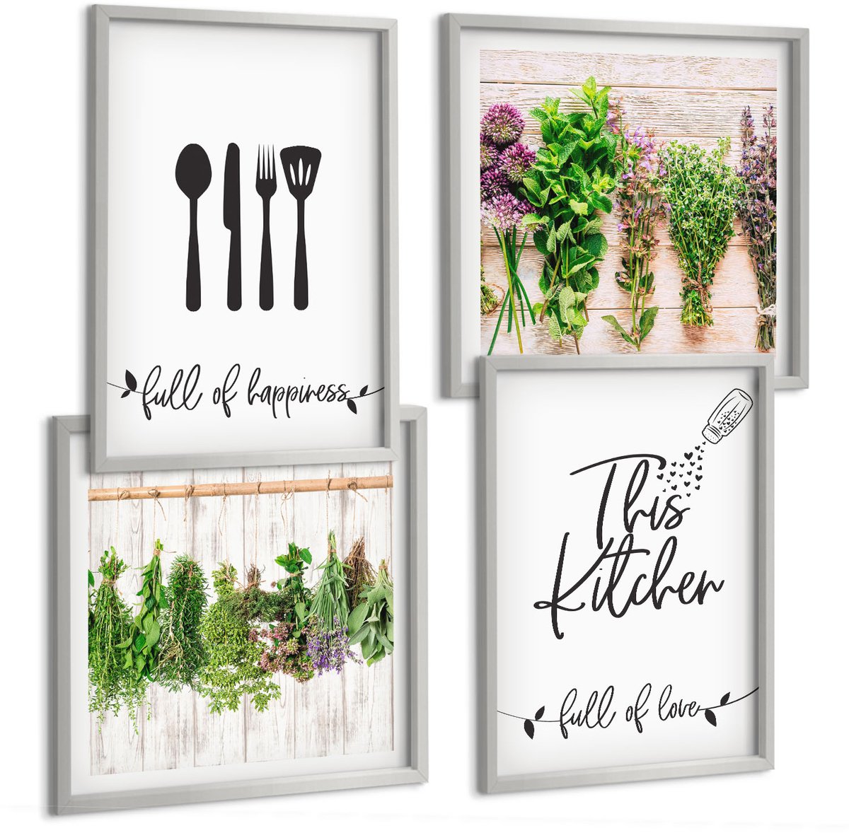 Coloray 4-Delige Schilderij Set - Keukenbordjes Gedroogde Kruiden En Planten - 40 x 40 cm En 40 x 60 cm - Moderne Wanddecoratie - Slaapkamer