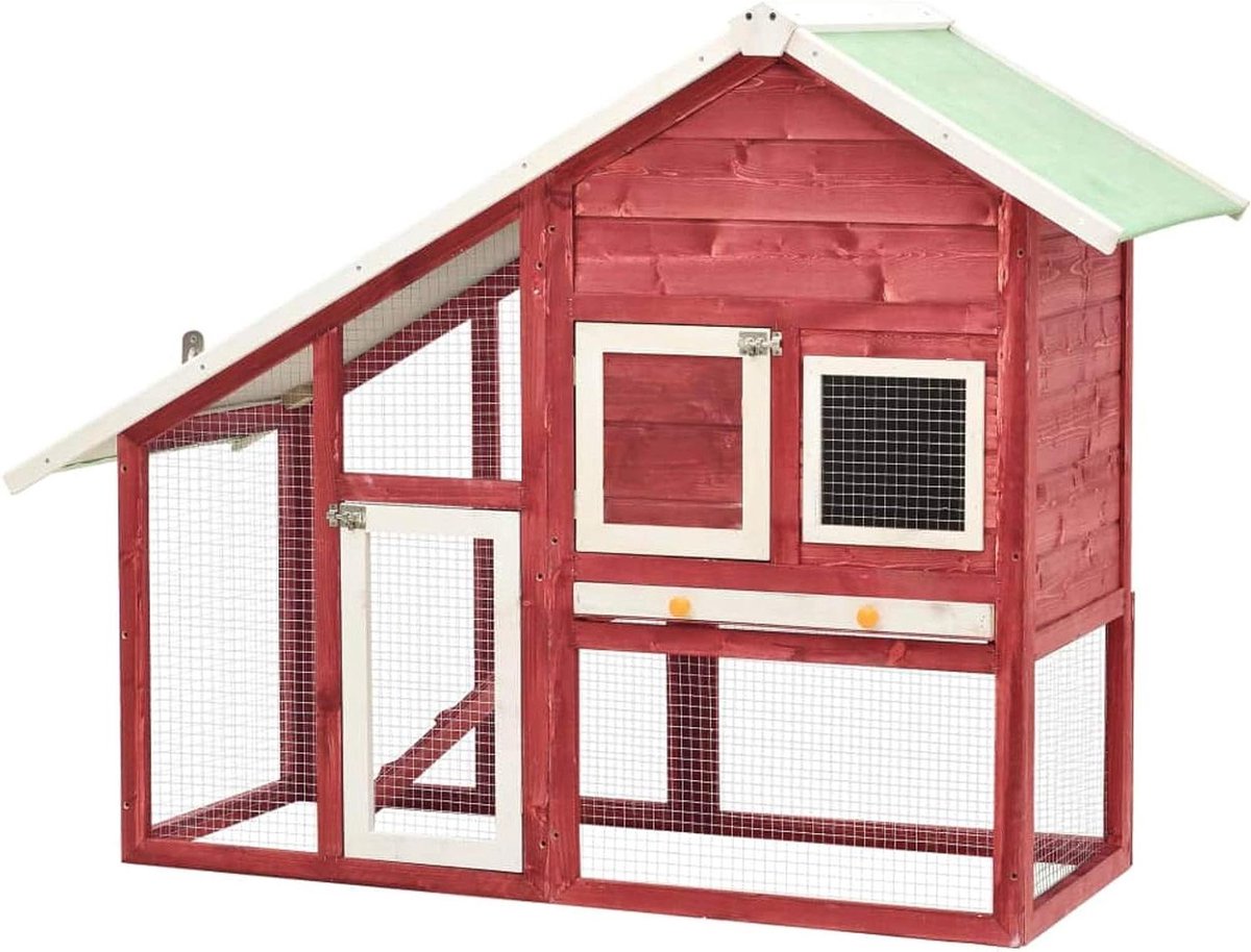 Konijnenhok - Dierenverblijf Hout - Huisdieren Huisvesten - Twee Verdiepingen - 140 x 63 x 120 cm - Rood en Wit