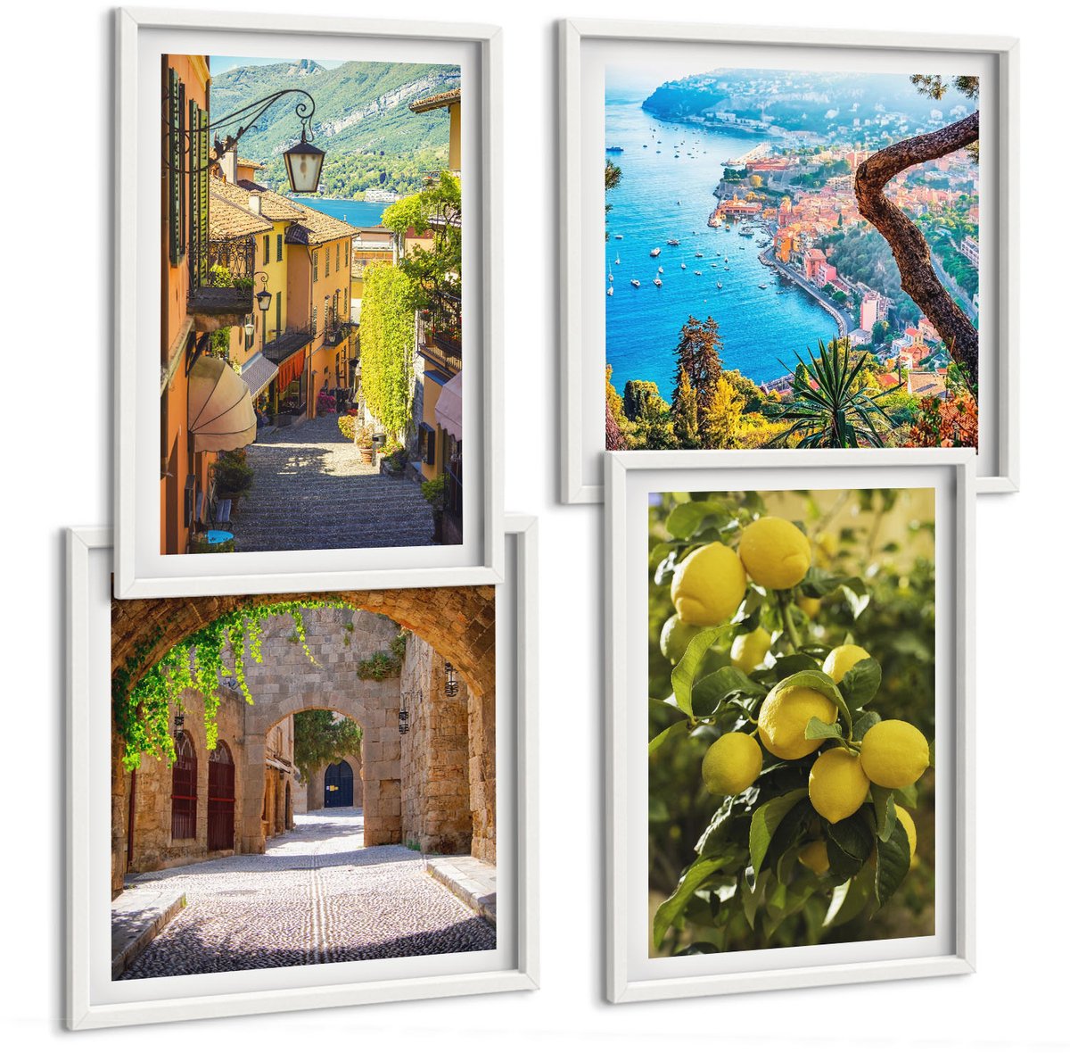Coloray 4-Delige Schilderij Set - Schilderachtige Straatjes Langs De Kust, Uitzicht Op De Zee En Citroenen. - 40 x 40 En 40 x 60 - Wanddecoratie - Schilderijen Set - Kantoor
