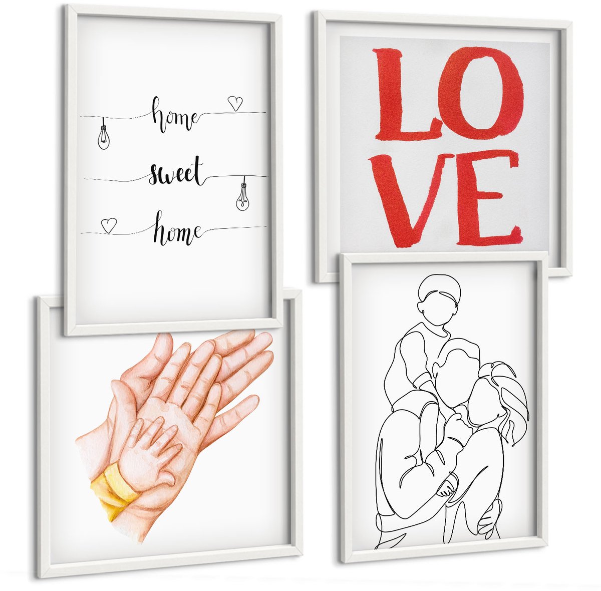 Coloray 4-Delige Schilderij Set - Familie-Illustraties, Huisinscripties, Over Leven En Liefde. - 40 x 40 En 40 x 60 - Wanddecoratie - Muurdecoratie - Woonkamer - Stijlvolle Muurdecoratie