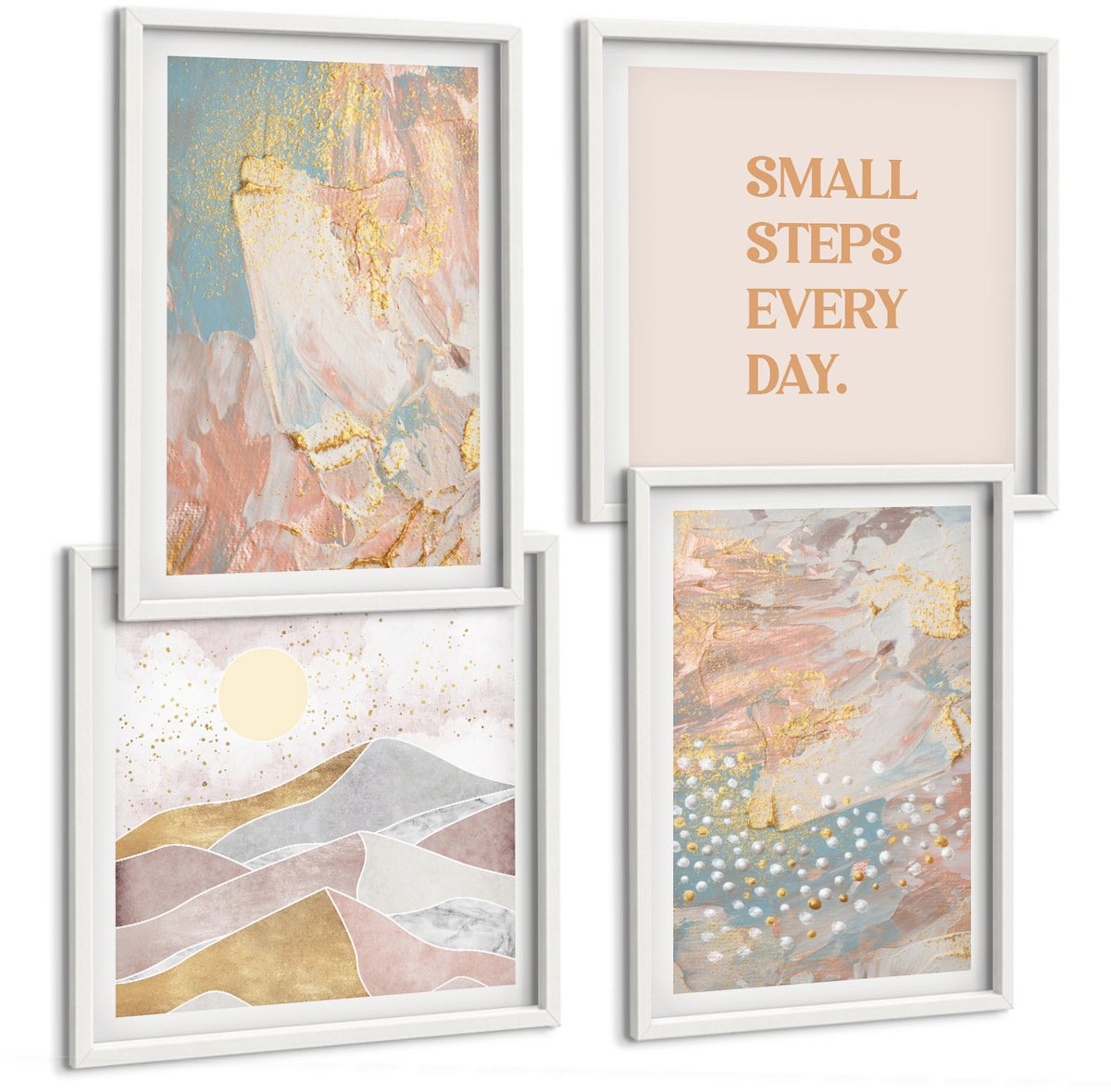 Coloray 4-Delige Schilderij Set - Abstracte Patronen In Pastelkleuren En Textuur - 40 x 40 En 40 x 60 - Decoratieve Muurdecoratie - Slaapkamer - Woonkamer Decoratie Witte lijst