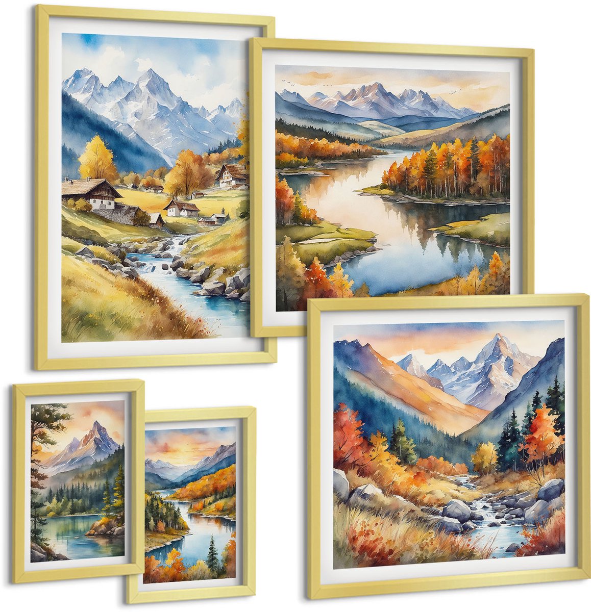 Coloray 5-Delige Schilderij Set - Schilderachtige Berglandschappen Met Rivieren En Bossen - 50 x 50 cm, 20 x 30 cm En 40 x 60 cm - Wanddecoratie - Muurdecoratie - Moderne Interieurdecoratie