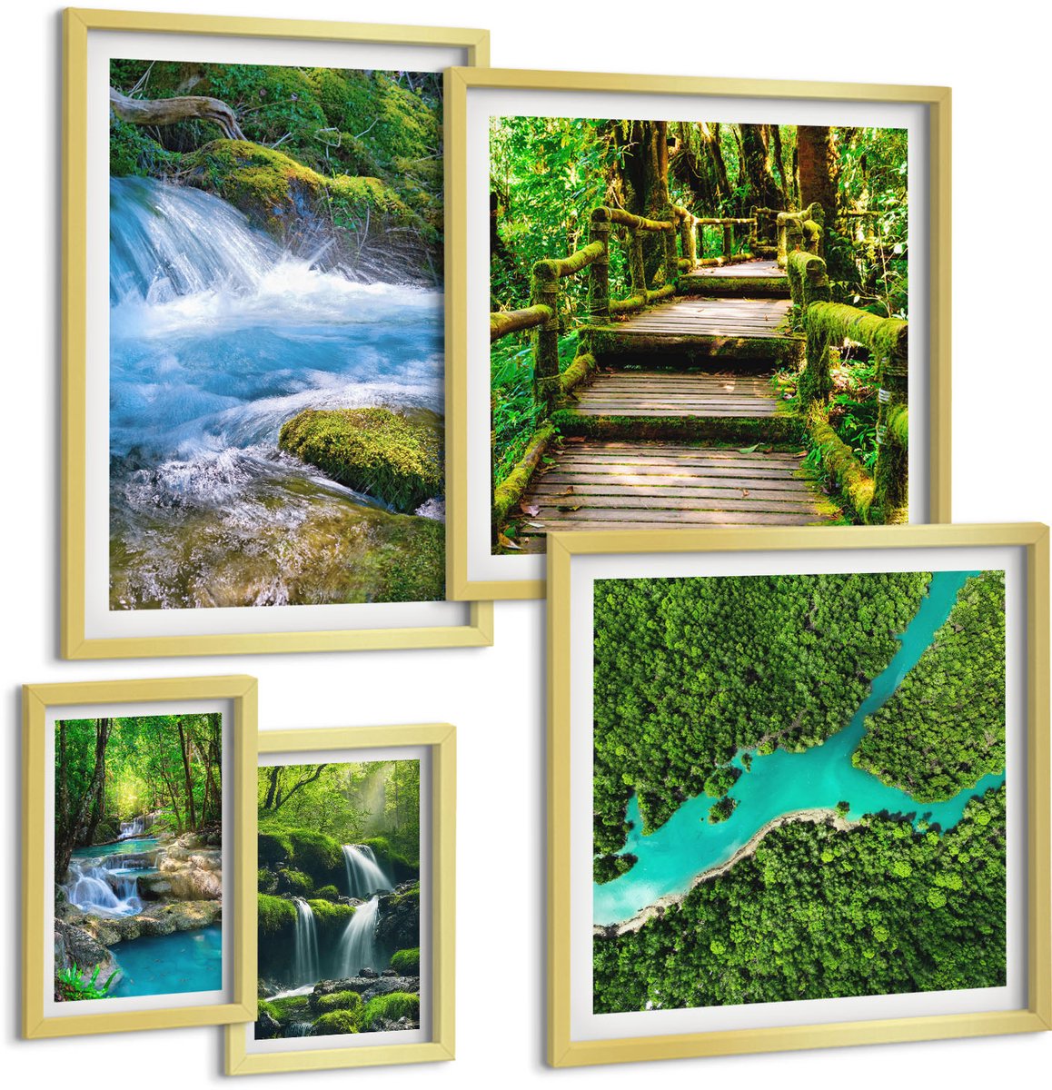 Coloray 5-Delige Schilderij Set - Groene Oases Van Rust, Watervallen En Beekjes In Het Bos. - 50 x 50 cm, 20 x 30 cm En 40 x 60 cm - Stijlvolle Wanddecoratie - Interieur - Interieur Decoratie