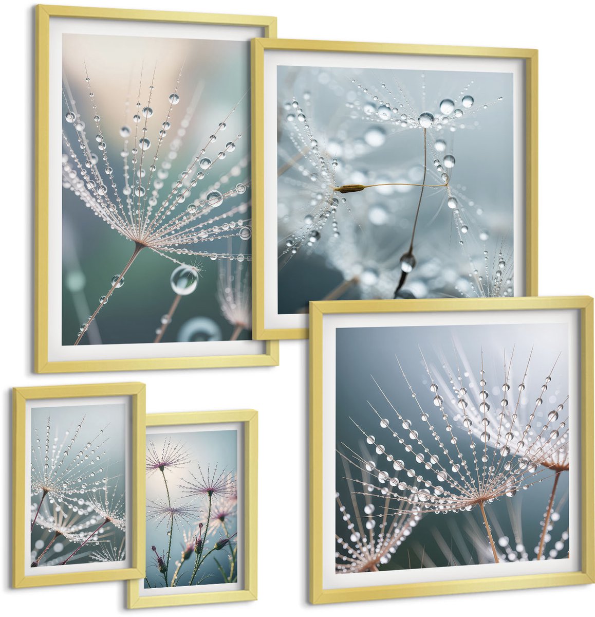 Coloray 5-Delige Schilderij Set - Dauwdruppels Op Delicate Planten In Een Minimalistische Stijl - 50 x 50 cm, 20 x 30 cm En 40 x 60 cm - Wanddecoratie - Moderne Interieurdecoratie - Woonkamer Decoratie