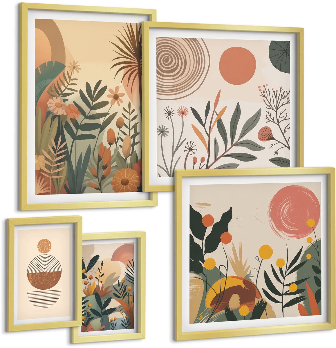Coloray 5-Delige Schilderij Set - Boho-Stijl Bloemenmotieven Met Abstracte Details - 50 x 50 cm, 20 x 30 cm En 40 x 60 cm - Muurdecoratie - Interieur Decoratie - Decoratieve Schilderijen