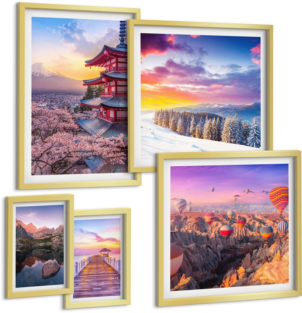 Coloray 5-Delige Schilderij Set - Aziatische Landschappen Met Bergen En Bloeiende Bomen - 50 x 50 cm, 20 x 30 cm En 40 x 60 cm - Decoratieve Muurdecoratie - Slaapkamer - Decoratieve Schilderijen