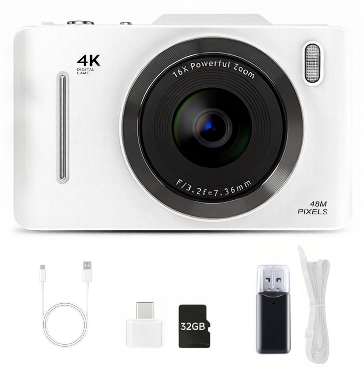 Digitale camera - 4K - 48MP - 16x macrozoom - Inclusief 32GB geheugenkaart - Lichtgewicht en draagbaar - CCD retro compactcamera - Vlogcamera - Digitale camera voor kinderen - Geschikt voor tieners en studenten - Wit