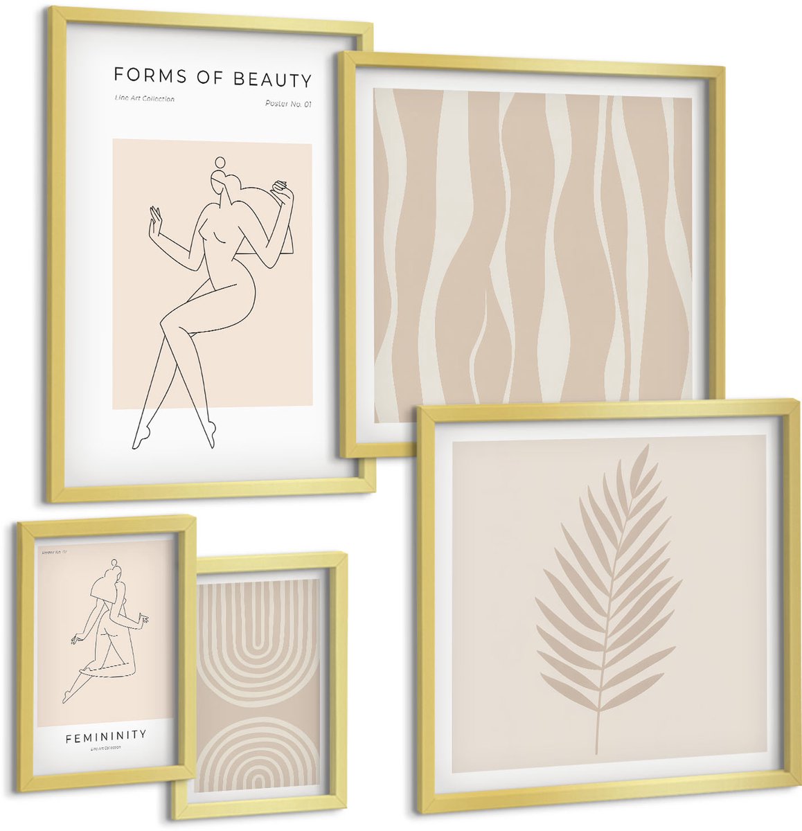 Coloray 5-Delige Schilderij Set - Vormen Van Schoonheid: Minimalistische Motieven En Decoratieve Lijnen - 50 x 50 cm, 20 x 30 cm En 40 x 60 cm - Muurdecoratie - Interieur Decoratie - Stijlvolle Muurdecoratie