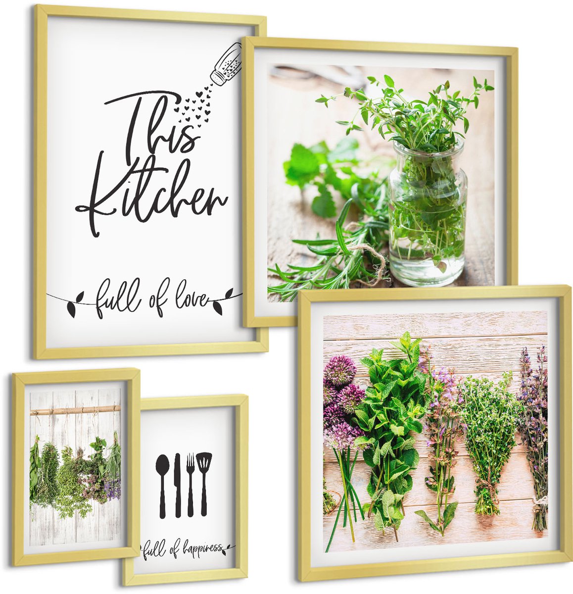 Coloray 5-Delige Schilderij Set - Keukeninspiratie Met Kruiden En Een Passie Voor Koken - 50 x 50 cm, 20 x 30 cm En 40 x 60 cm - Decoratieve Muurdecoratie - Slaapkamer