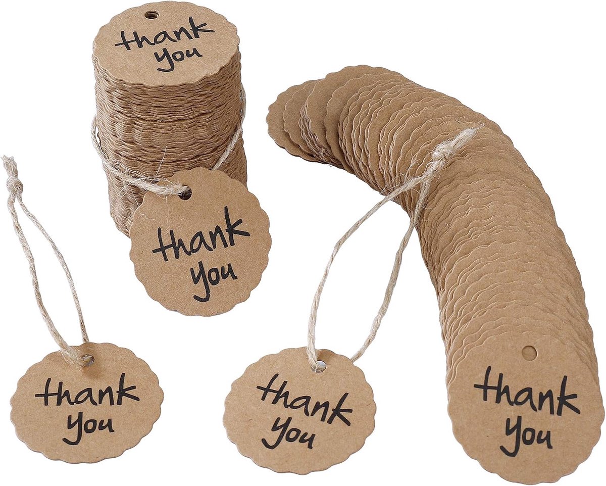 Labels met opschrift Thank You, 200 stuks kraftpapier ronde etiketten 4,0 cm voor Kerstmis, bruiloft, babyshower, met bruin jute koord
