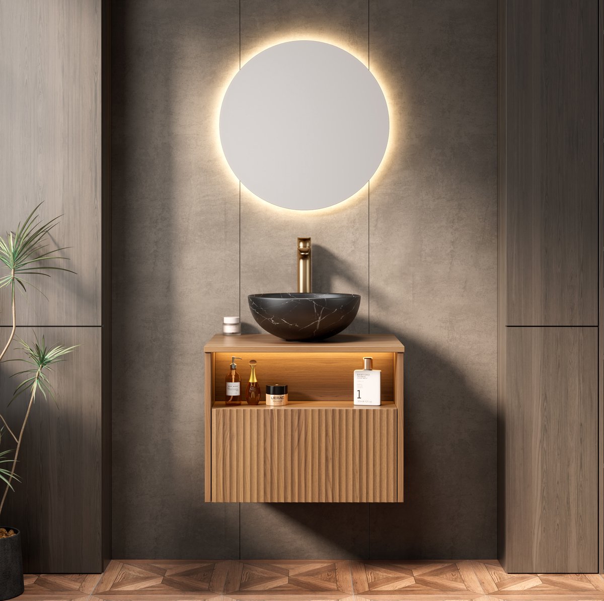MODFU - Badkamerkast - Wandhangend Met Lade En Open Vak - Zwart/Bruin - 60 Cm