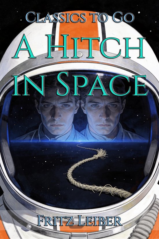Boekomslag: "A Hitch in Space" met twee mannen in een astronautenhelm die naar de ruimte kijken. Touw in de voorgrond.