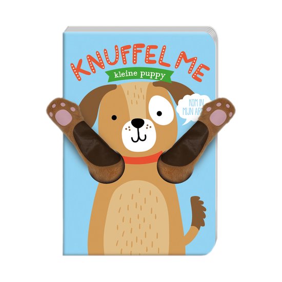 Boek met een lieve puppy met pluche poten die uit het boek steken. De tekst "KNUFFEL ME kleine puppy" staat op de voorkant.
