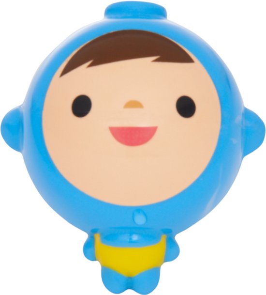 Blauw badspeeltje met afbeelding van een lachend gezichtje met bruin haar, in een blauw pakje met gele details.