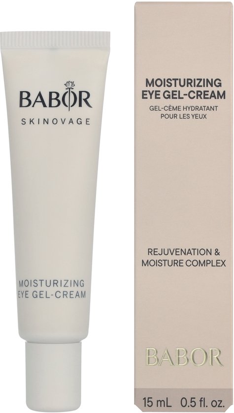 Babor Skinovage Moisturizing Eye Gel-Cream in witte tube met beige doos.